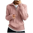 thumbnail image 2 of Sakmal Cable Knit Sweaters for Women 2025 Zip-Up Knit Pink Cotton Tops V Neck Long Sleeve Solid Loose Sweaters for Women, 2 of 7