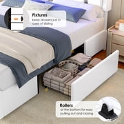 Homfa Queen Bed Frame with LED Headboard & Charge Station & 2 Storage Drawers, PU Leather Upholstery Adjustable Platform Bed Frame, White