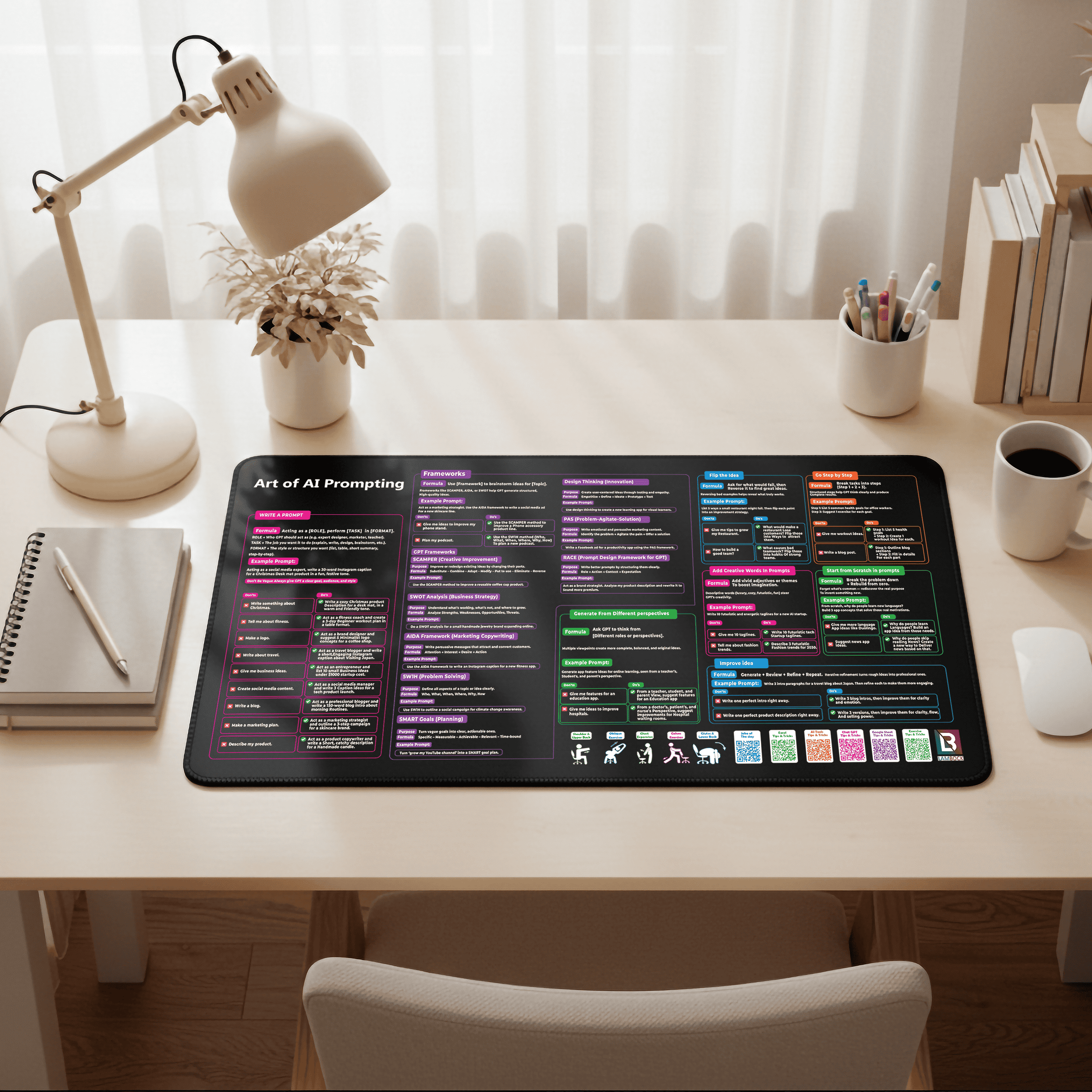 Chat GPT Cheat Sheet Desk Mat, Keyboard and Mouse Pad, 12X22 Inches