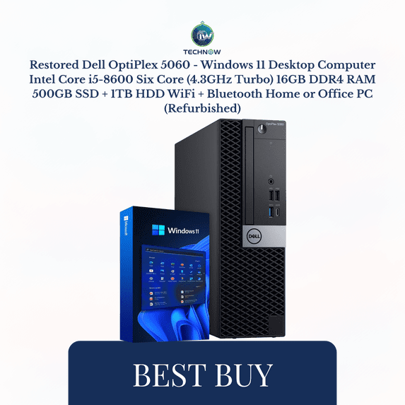 Restored Dell OptiPlex 5060 - Windows 11 Desktop Computer Intel Core i5-8600 Six Core (4.3GHz Turbo) 16GB DDR4 RAM 500GB SSD + 1TB HDD WiFi + Bluetooth Home or Office PC (Refurbished)