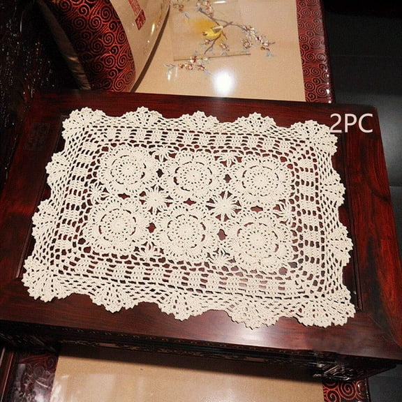 Rectangular Cotton Handmade Crochet Lace Table Runner Doilies for Coffee Table Dresser Scarf Décor,2PC
