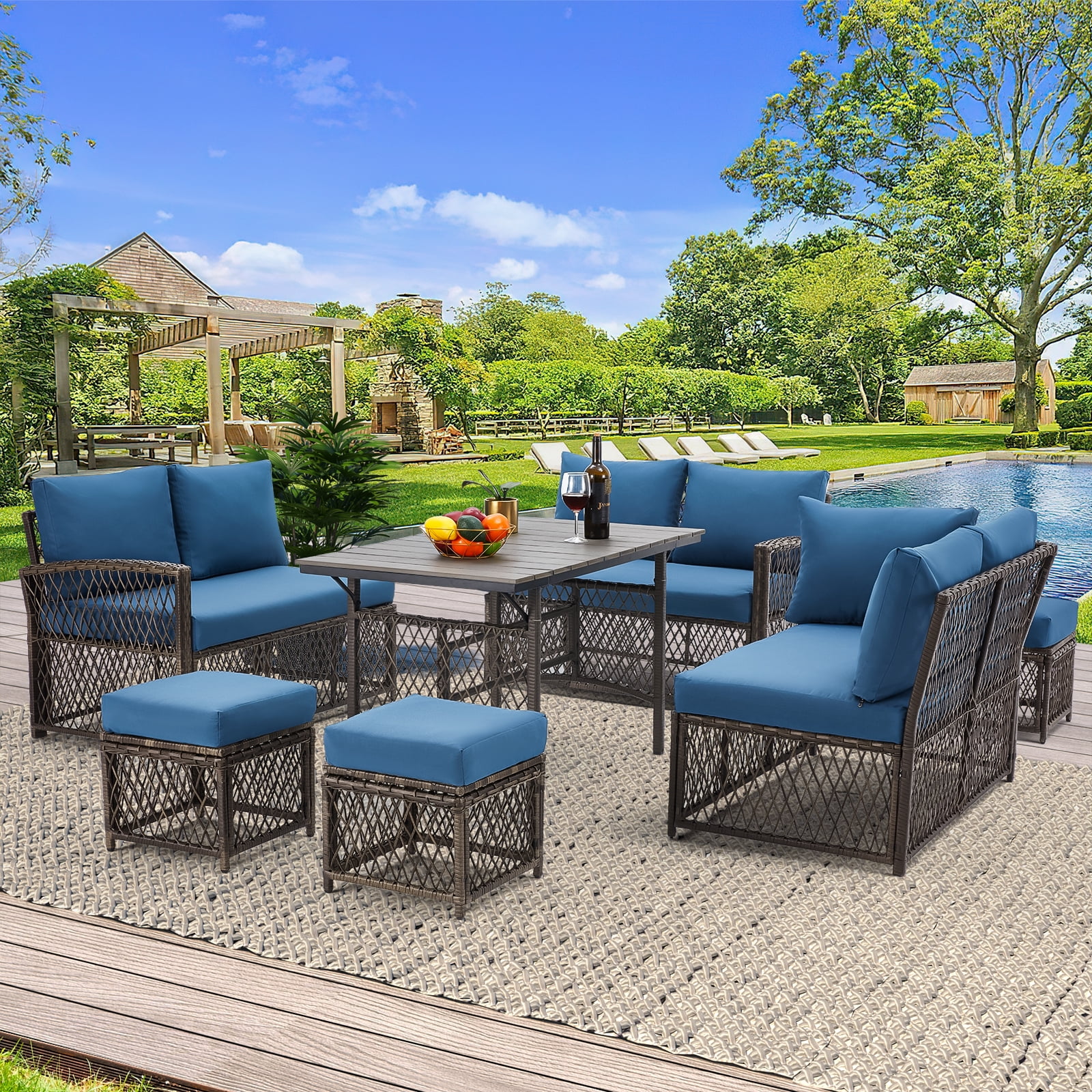 AECOJOY Outdoor Furniture Set, 7-Piece Rattan Wicker Sectional Sofa Couch, Patio Conversation Set with Dining Table & Chair in Navy