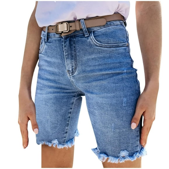 Pisexur Jean Shorts High Quality Fabric Womens Shorts High Waist Denim Jean Shorts Womens Frayed Slit Design Fashion Summer Activities L
