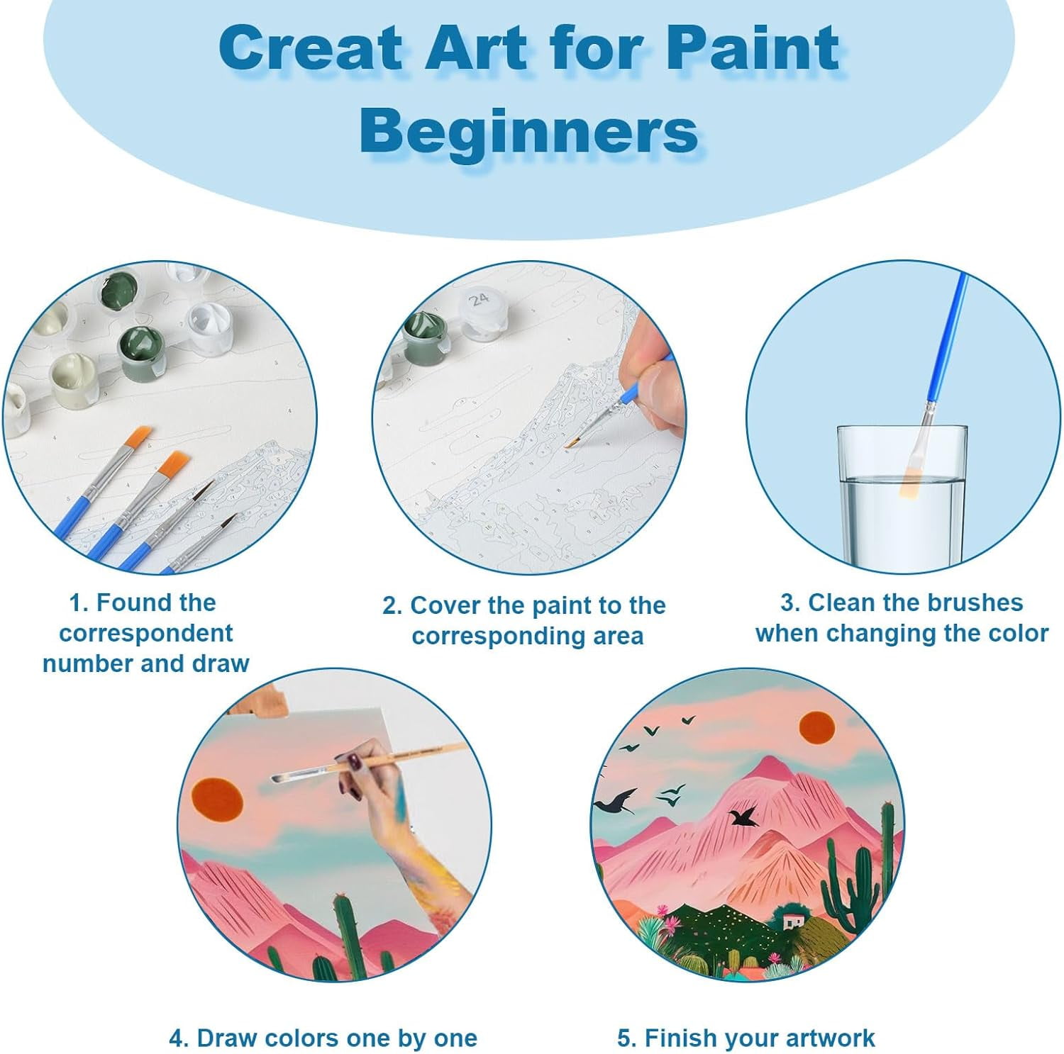 Qoosea 4 Pack Paint by Numbers Sets for Adults, Beginners DIY Crafts with Wooden Easel, Paint Brushes, Acrylic Paint Set for Home Wall Decor
