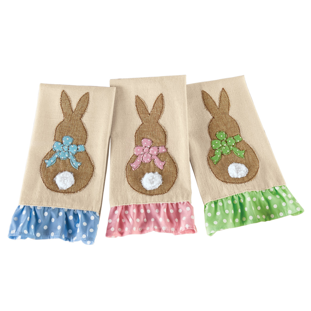 Cute Ruffle Trim Bunny Tail Easter Kitchen Towels Set of 3, Polka Dot