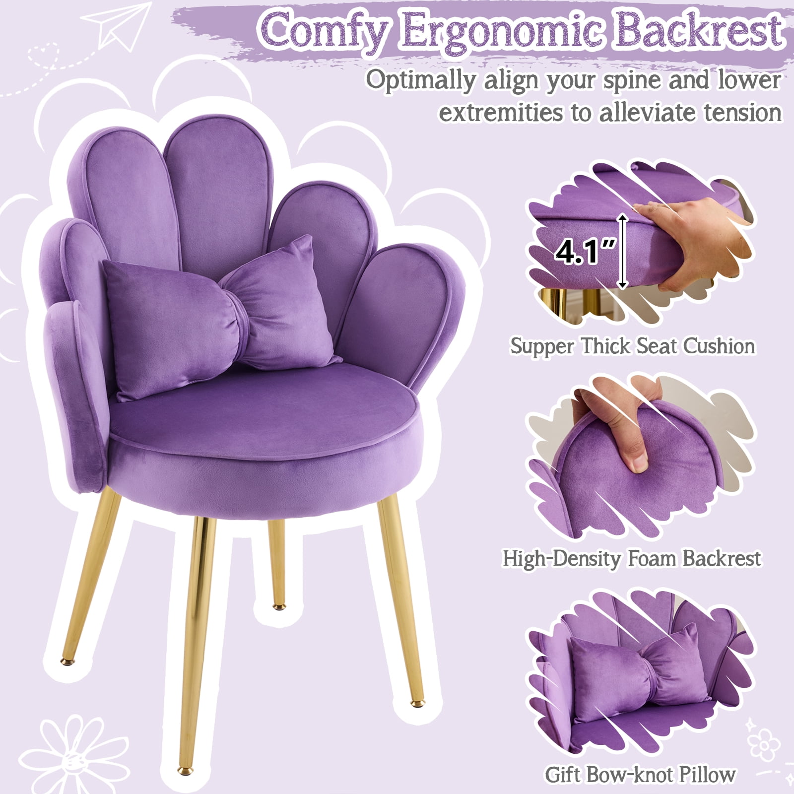 Ktaxon Vanity Makeup Chair Comfy Accent Chair Small Office Chair with Flower Back and Lumbar Pillow for Living Dining Room Bedroom Home Office Velvet Purple