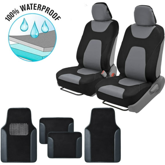 BDK Motor Trend AquaShield Car Seat Covers, Front Pair of 3-Layer Waterproof Neoprene Material with Modern Sideless Design, Includes 4-Piece Carpet Floor Mats, Fits Most Auto Truck Van SUV