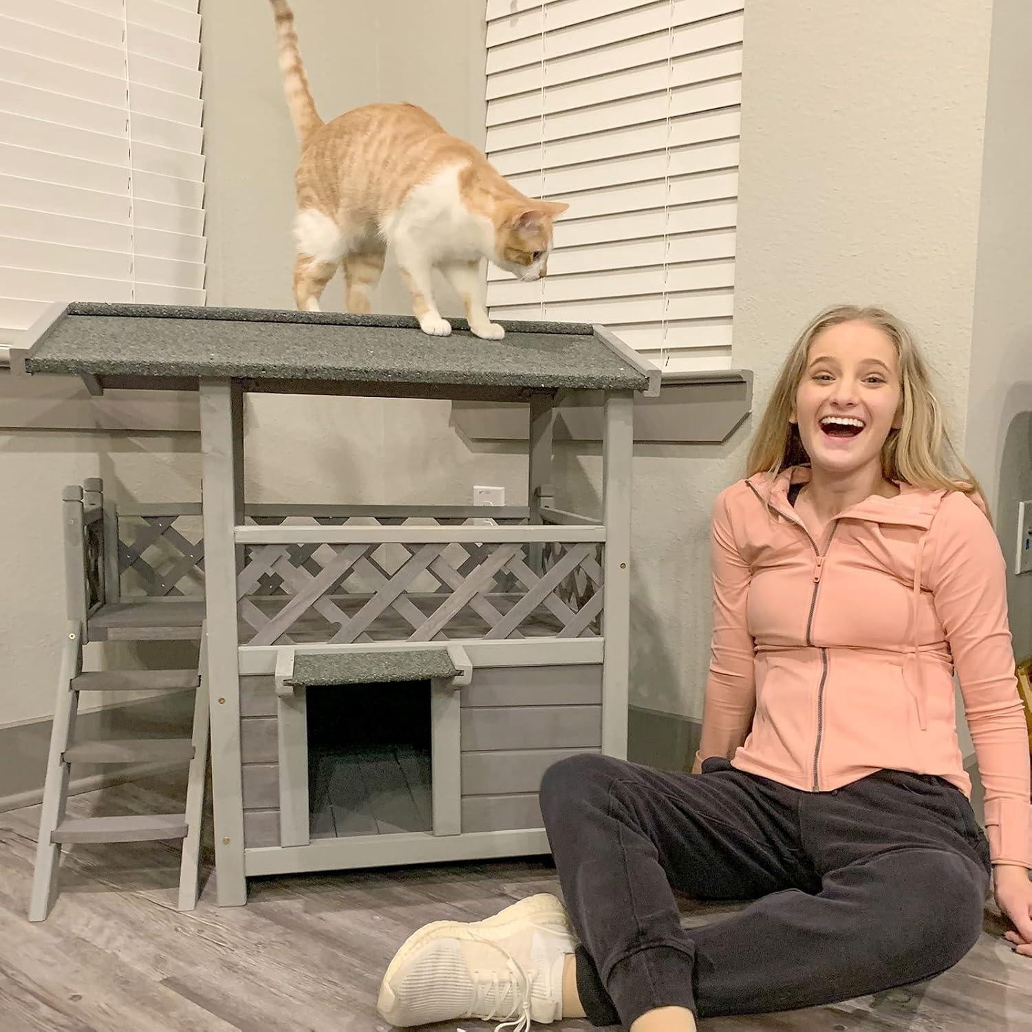 BUTINGLALE Cat House Outdoor Indoor Feral Cat Shelter Wooden Kitty House with Stairs, Balcony＆Weatherproof Roof