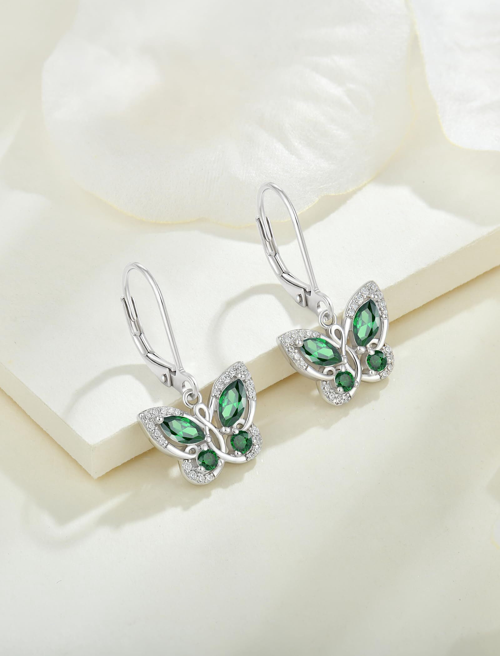 Starchenie Butterfly Earrings for Women 925 Sterling Silver Leverback Earrings Birthstone May Emerald Butterfly Jewelry Gifts