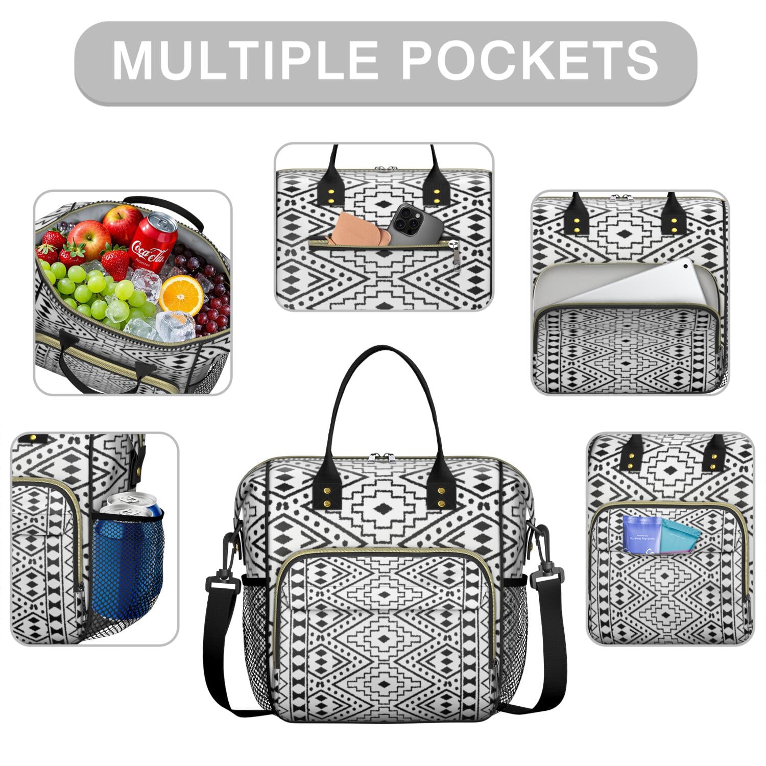 Bohemian Reusable Lunch Tote for Women, Insulated Large Cooler Bag with Retro Style, Dual Compartments & Shoulder Strap for Office, Travel or Gifts