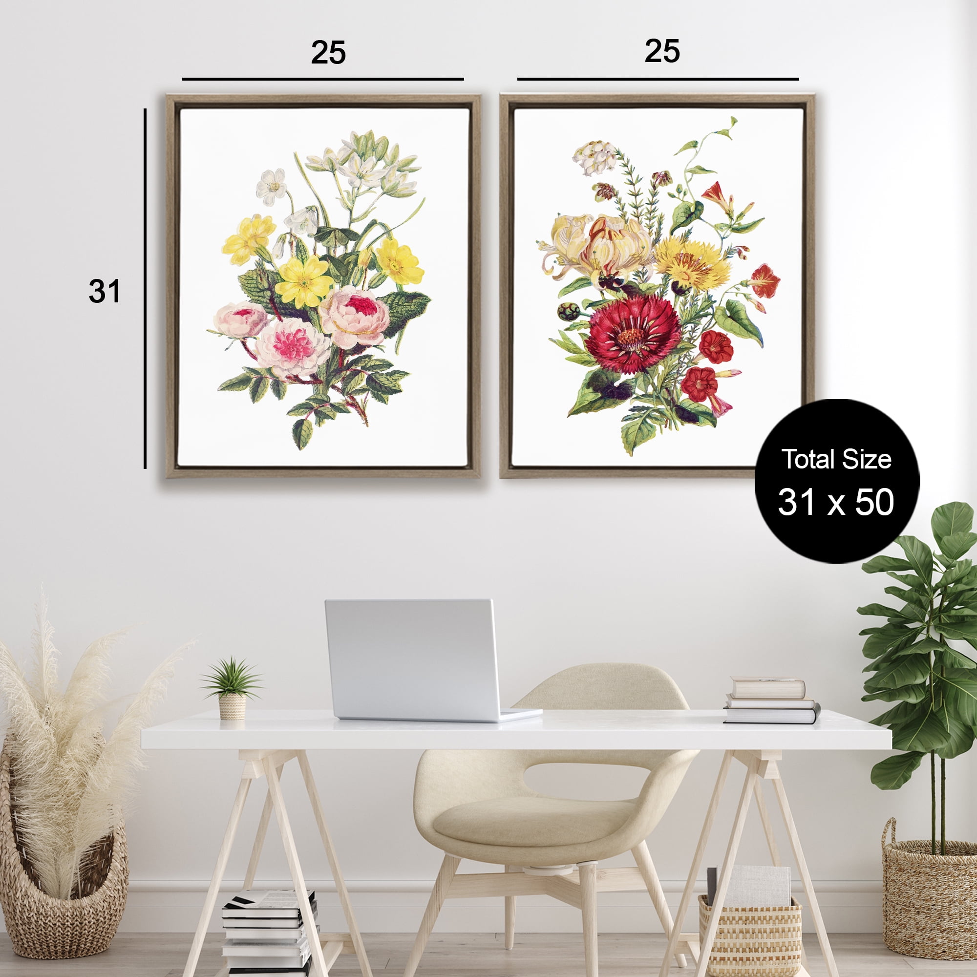 Mixed Flower Bushels 2 Piece Brown Framed Floater Canvas Set, design by Lettered and Lined