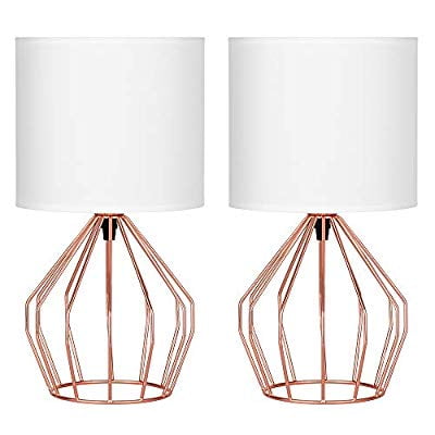 Modern Bedside Lamp Set of 2-Basket Cage Style Metal Base Linen Fabric Shade 