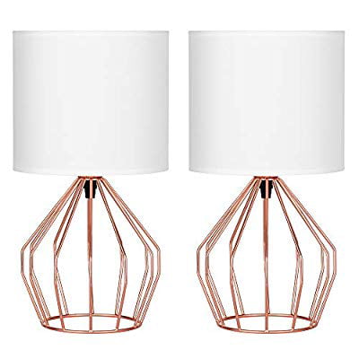 Linen Fabric Shade Lamps For Bedroom, Rose Gold Table Lamp With Pink Shade