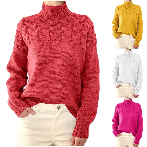 XPMWRP Womens Turtleneck Long Sleeve Solid Pullover Comfy Cable Knit Sweater Fall Winter Casual Loose Jumper Tops Watermelon Red M