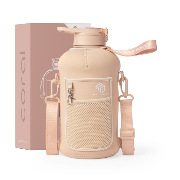 Bouteille d'Eau 2.2L Demi-Gallon avec Manchon de Rangement et Couvercle à Paille – Grand Récipient Réutilisable Sans BPA avec Poignée - Grande Gourde de Sport, 2.2 Litres (74 Onces)