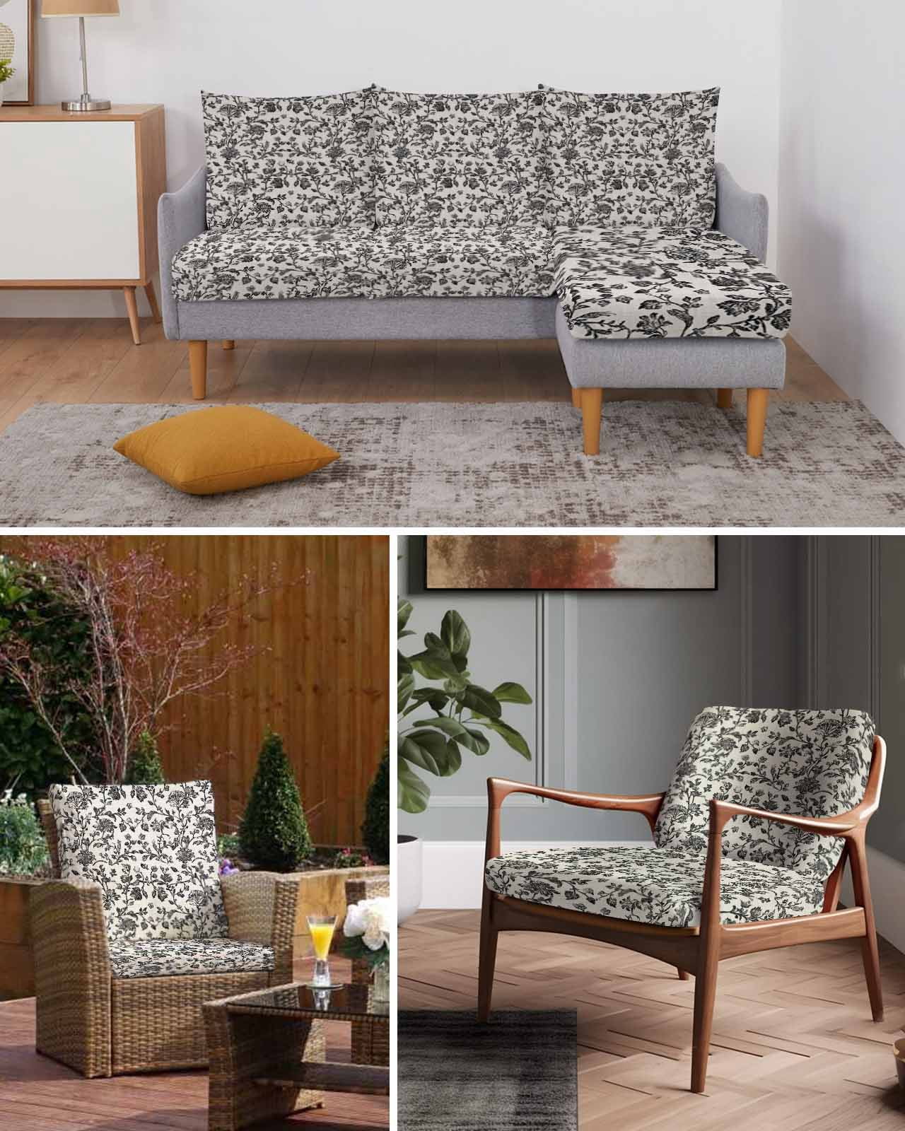 Farmhouse Black Couch Cushion Covers Stretch, Washable Sofa Seat Covers Individual Seat Cushion Sofa Slipcovers Vintage Flower Leaf Botanical Plant Couch Cover Furniture Protector S-3PCS