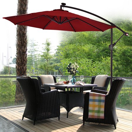 Burgundy 10' Hanging Solar LED Umbrella Patio Sun Shade Offset Market W/Base