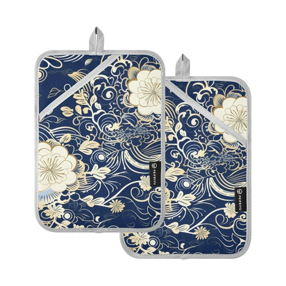 Flowers with Blue Pot Holders Set of 2 Heat Resistant Kitchen Oven Gloves Potholder Cooking Baking Microwave Mitts