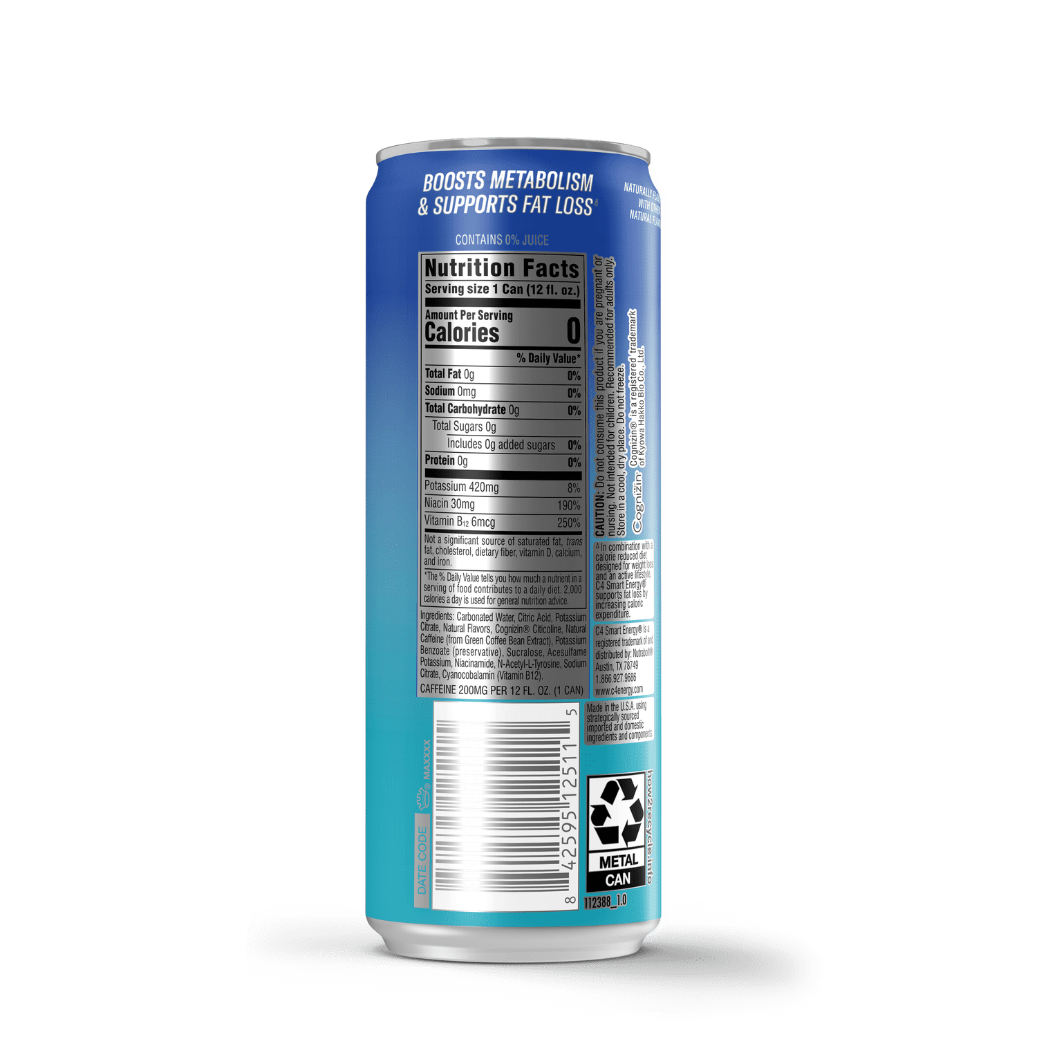 C4 Smart Energy Drink, Blue Raspberry Flavor, Zero Sugar, Carbonated, 12 oz can (12 pack)