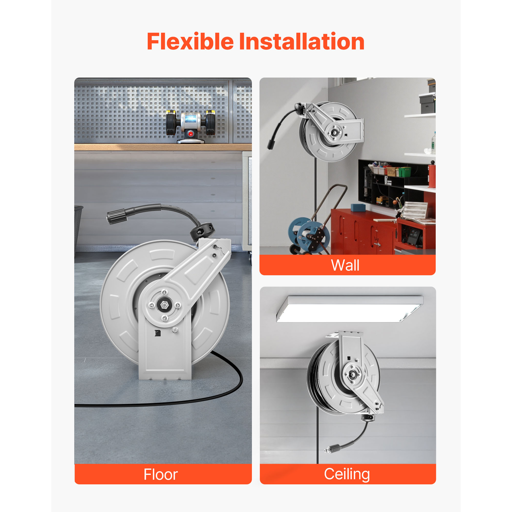KFFKFF Retractable Pressure Washer Hose Reel, 65 ft x 1/4 inch Heavy-Duty Steel, 3200 PSI Max, Auto-Rewind, Wall/Floor Mount for Cleaning Cars, Gardens, and Floors