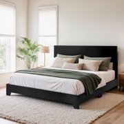 Einfach Queen Size Black Leather Upholstered Bed Frame with Adjustable Headboard, No Box Spring Needed, Low