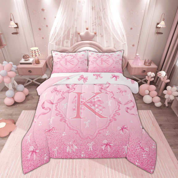 Manfei Initial Letter K Bedding Comforter Set, Cute Princess Bowknot Twin Comforter Sets, Teens Boys Girls Kids Reversible Bedding Set, Microfiber Bedroom Decor, 2-Piece