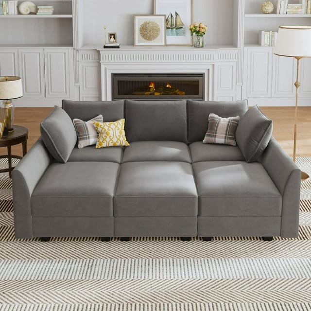 HONBAY Modular Sectional Sofa, 6-Piece Convertible Sleeper Sofa Bed with Full Storage for Living Room, Velvet Dull Gray