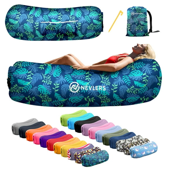 Nevlers Navy Blue Leaf Inflatable Lounger with Travel Bag and Pockets