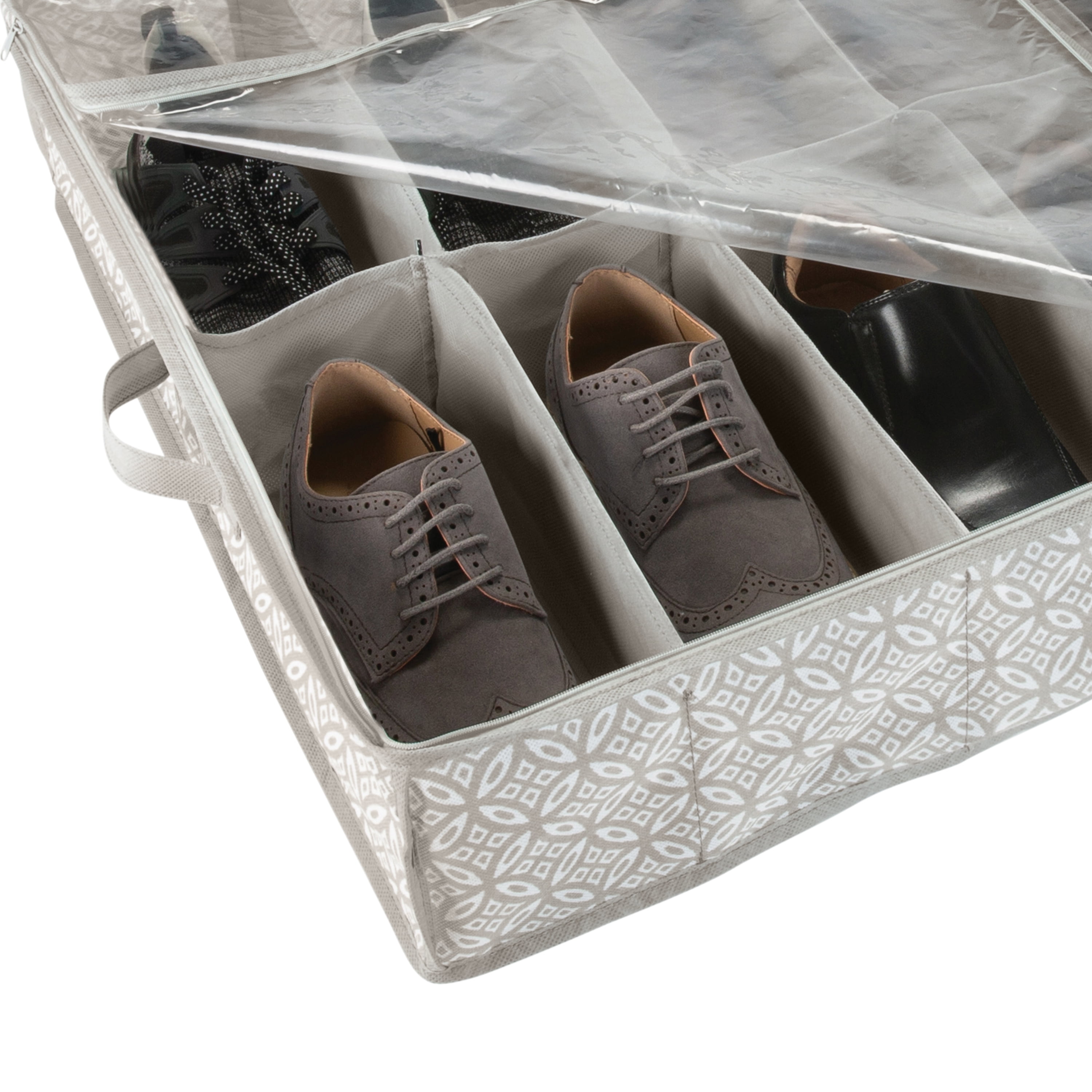 Simplify 12 Pair Boho Print Fabric Under the Bed Shoe Storage Bag in Grey