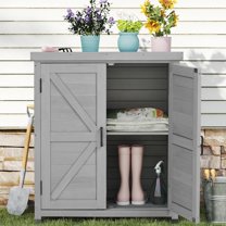 YEXJ Outdoor Potting Bench with Storage Cabinet and Metal Top, Wood Workstation for Outdoor Patio, Garden-31x17x36‘’-Classic Grey