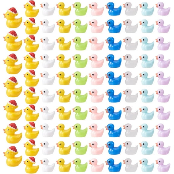 1set 100pcs Luminous Mini Ducks Yellow and White Tiny Ducks Christmas Hat Resin Duck Mini Resin Animal for Fairy Garden Miniature Landscape Tabletop Cake Potted Plants Decor Mixed color 25x19x28mm