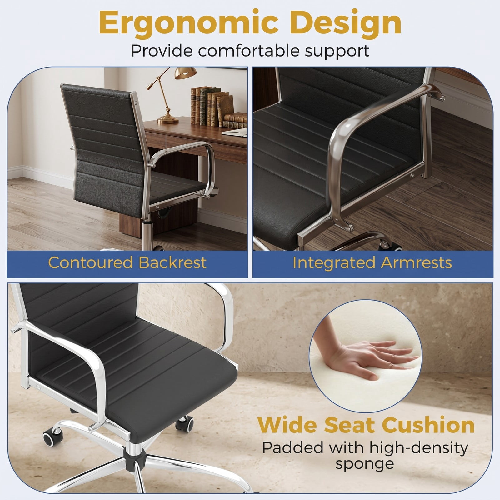 Furnibear Ergonomic Office Chair, Height Adjustable Conference Room Desk Chair with Rocking S-Shaped Backrest, 360 Degree Swivel Executive Task Chair with, Black