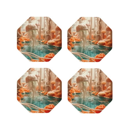 

Matuu Fantasy Underwater Jellyfish for Cup Coasters Set of 4 Leather Coasters Desk Coasters for Office Measures 4” x 4”-Octagon
