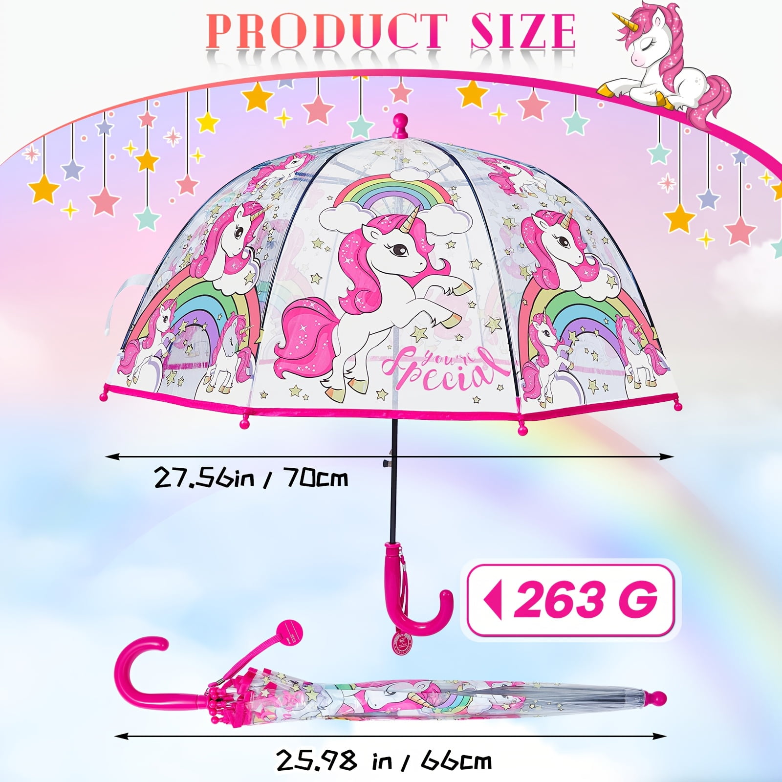 Room Decor 2pcs Outus Transparent Unicorn Bubble Umbrellas, Easy Grip Curved Handle, Water-Repellent, for Toddlers boys girls
