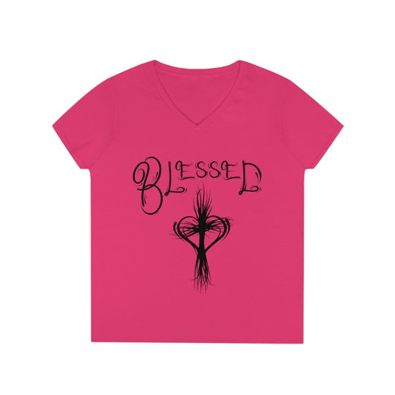 Blessed, Hand drawn, Heart & Cross, Christian Art on a Ladies V-Neck Shirt.