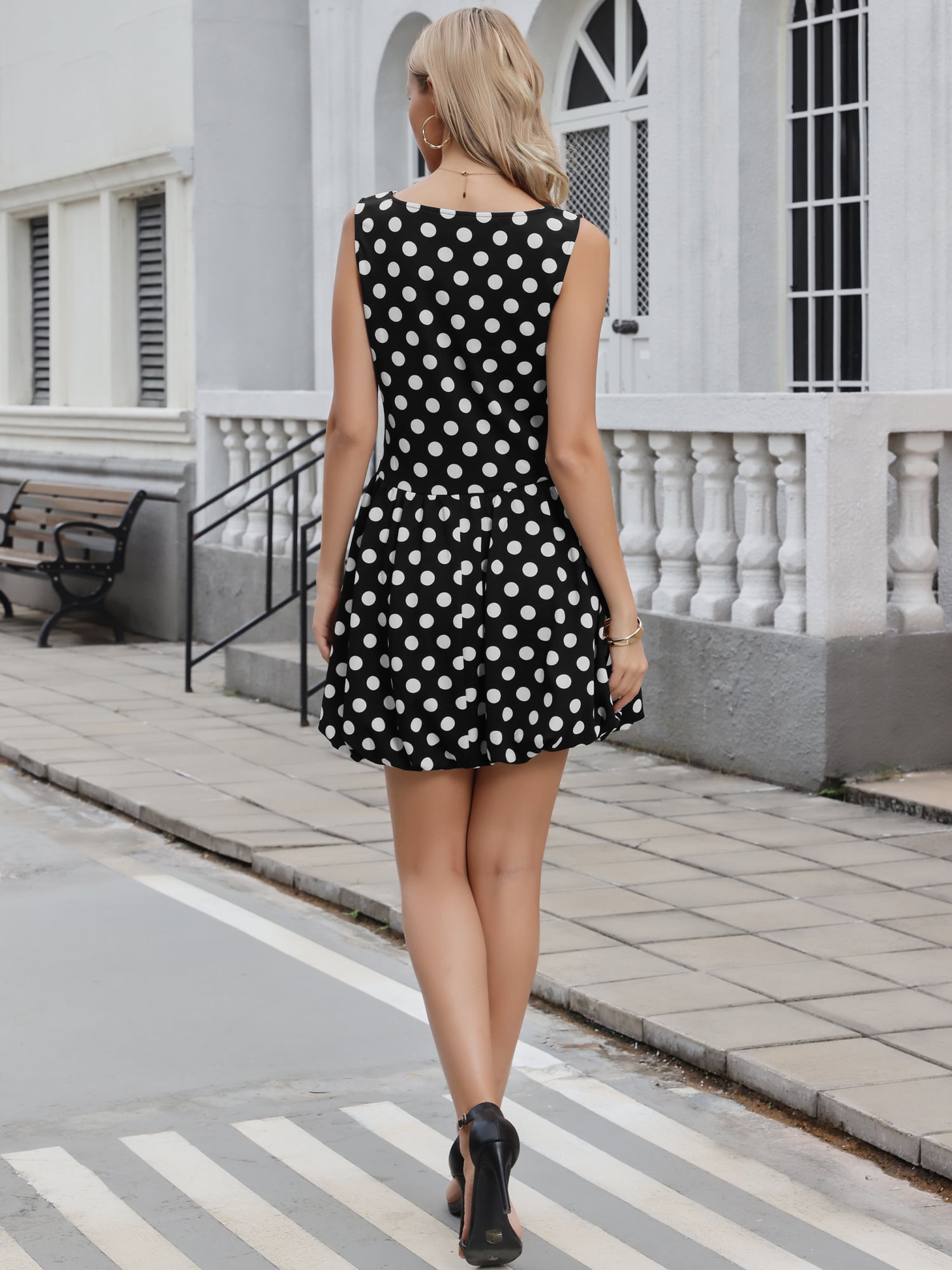 DARING DIVA Women's Boat Neck Sleeveless Polka Dots Cocktail Dress XL Black