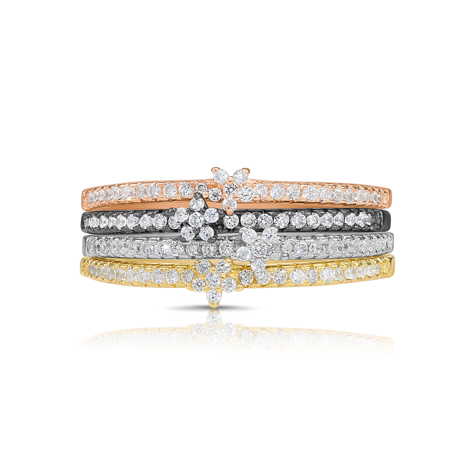 Tilo Jewelry .925 Sterling Silver Set of 4 Flower Rings with Cubic Zirconia CZ Stones | Size 5 | Women & Unisex