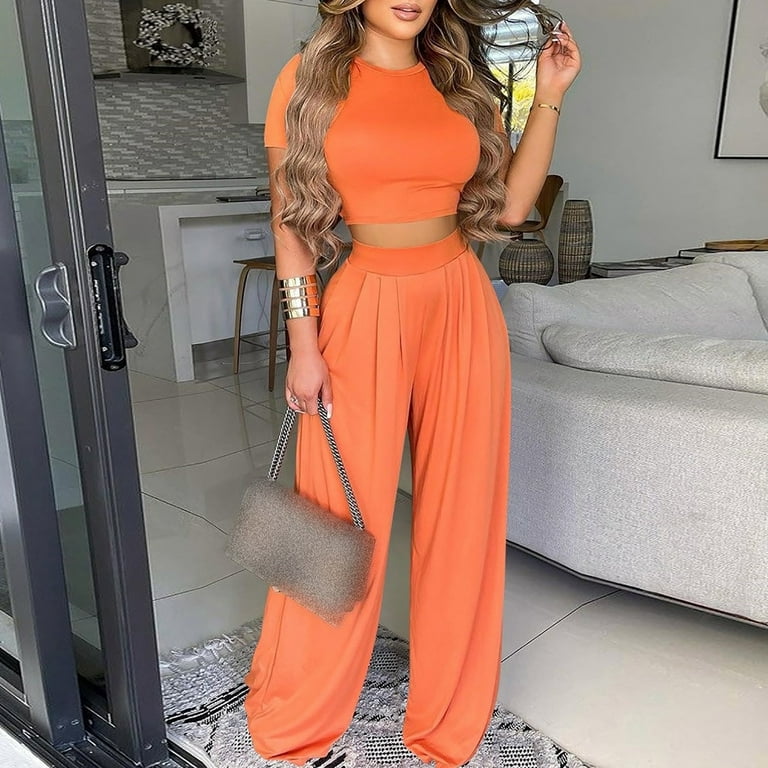 RQYYD Reduced Casual Summer 2 Piece Outfits for Women Short Sleeve Crop Top  High Waist Wide Leg Pants Sets Floral Pleated Plus Size Lounge Set Orange