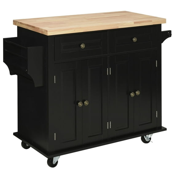Cterwk Rubberwood Top Kitchen Island with Wheels, Rolling Kitchen Cart with Spice Rack and Towel Rack and Drawers, Black