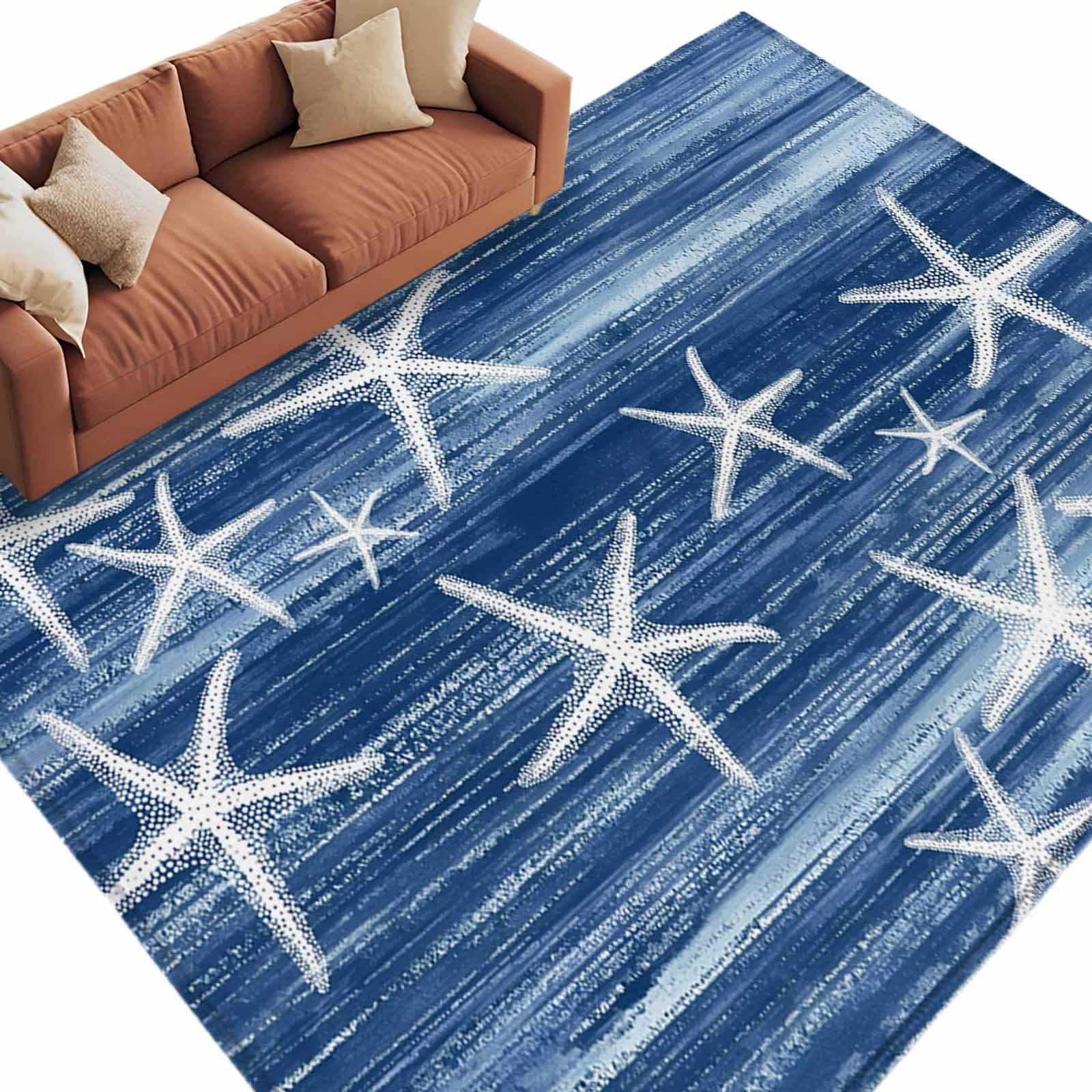 Rectangle Area Rugs 5 x 8 Ft, Navy Blue Coastal Non-Slip Residential Carpet, Summer Ocean Waves Ombre Sea Starfish Indoor Crawling Mats Runner Rugs for Living Room/Dining Room/Bedroom