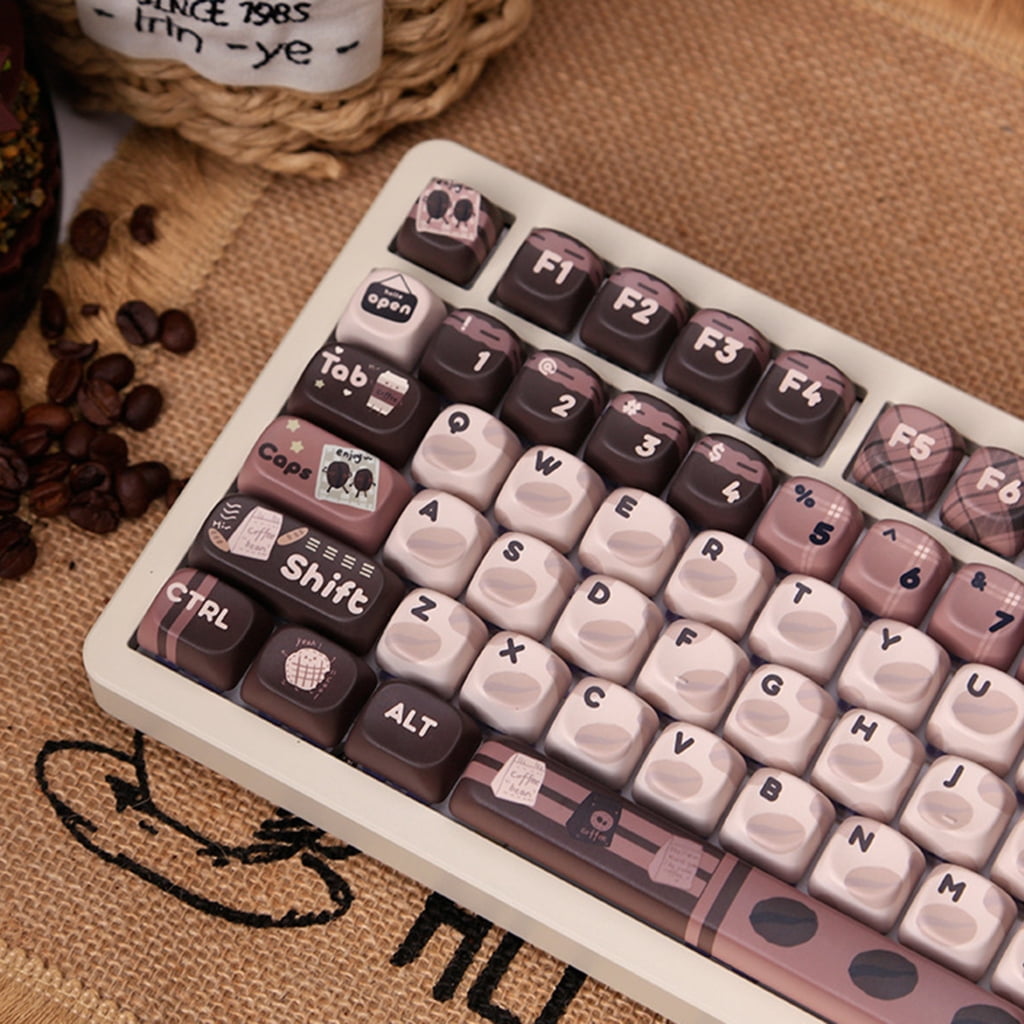 PBT Keycaps Set 131Keys MOA Height Heat Sublimated Cartoon Coffee Beans Theme for Mechanical Keyboards