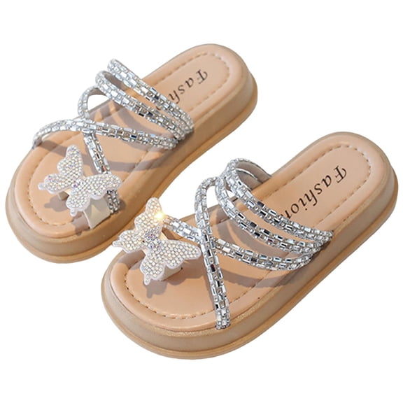Girls Sandals Rhinestone Butterfly Toe Ring Glitter Strappy Flip Flops Platform Soft Footbed Slip on Slides Summer Lightweight Princess Beach Dress Shoes White 6.5 Toddler