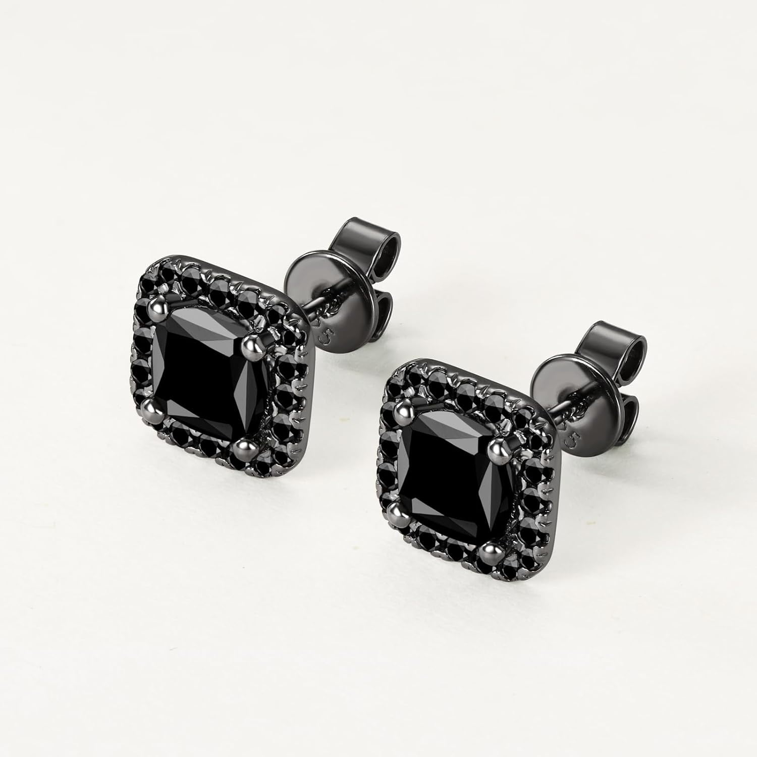 Leander 925 Sterling Silver Black Onyx Stud Earrings For Men Women, Hypoallergenic Mens Viking Rune Square Simulated Diamond CZ Studs Cushion/Round/Princess Cut Onyx Earrings Fine Jewelry