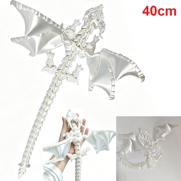 3D Printed Articulated Dragon with Wings – Flexible Winged Crystal Dragon Model, Desktop Pet Decor for Home Office, Unique Gift for Dragon Lovers,Silk White