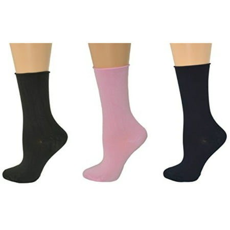 Sierra Socks Health Diabetic Arthritic Bamboo Roll Top Crew Women's 3 Pair Pack (Fits Shoe Size 6-9, Socks 9-11,