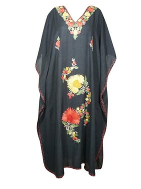 Mogul Women Boho Kaftan Goddess, Maxi Dress, Black Floral Embroidered Summer Bohemian Loose Caftan Dresses 4XL