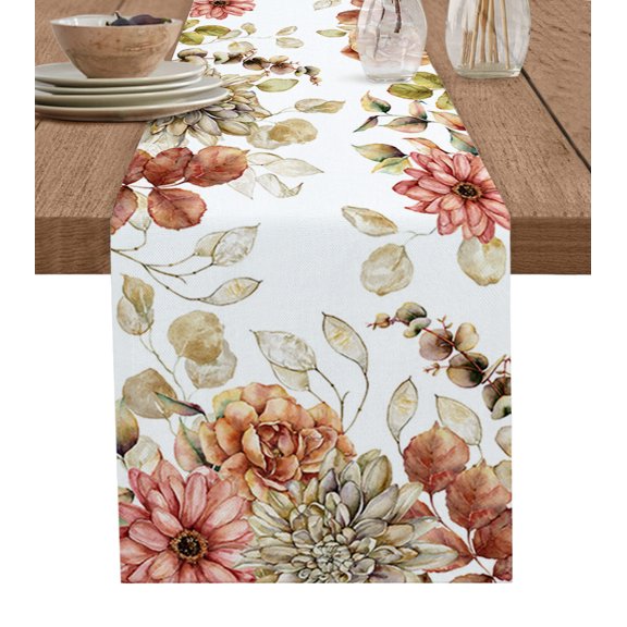 Table Runner Dresser Scarves 90 Inch Long, Autumn Farm Dahlias Floral Linen Dining Table Runners Eucalyptus Leaves on White Tabletop Scarf for Wedding Holiday Party Kitchen