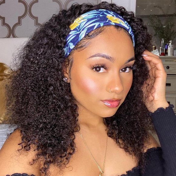 Headband Wig Human Hair Kinky Curly Headband Wig Human Hair None Lace Front 150% Density Brazilian Virgin Human Hair Headband Wigs for Black Women Natural Color (Headband Wig, 18inch)