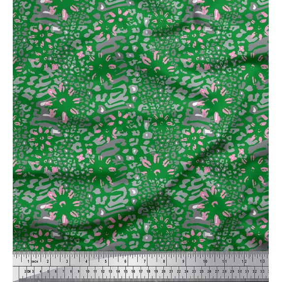 Soimoi Green polyester Crepe Fabric Leopard Animal Skin Print Fabric by Yard 42 Inch Wide