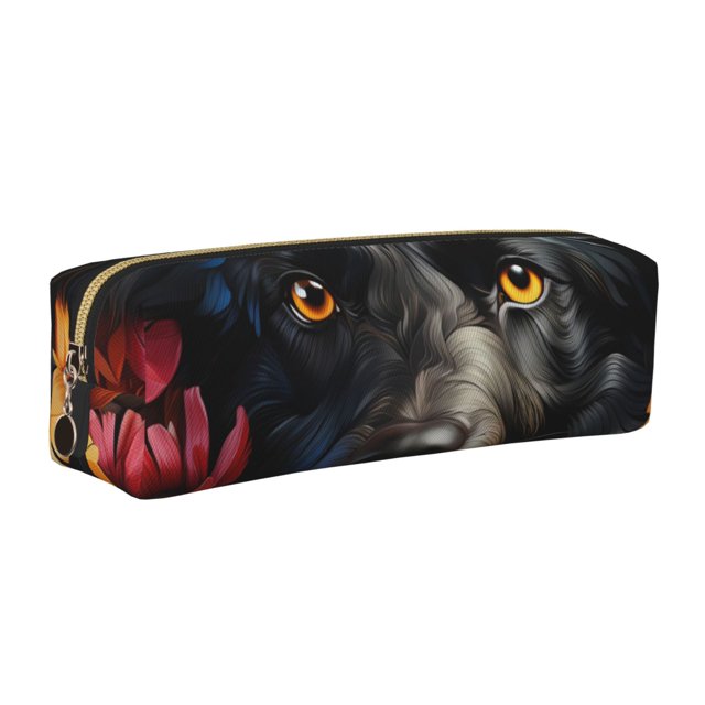 Balery Colorful Floral Black Dog Estuche de Lápices de Cuero Impreso, Estuche para Suministros de Arte, Estuche de Lápices con Cremallera, Estuche de Almacenamiento de Papelería